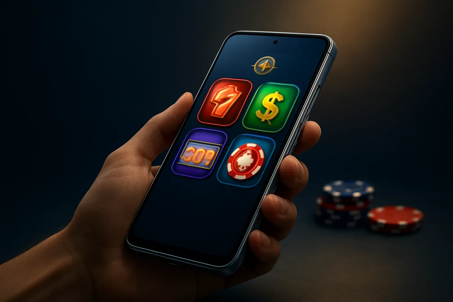 Cinematic flagship Android phone showing vivid casino app interface, dark blue background