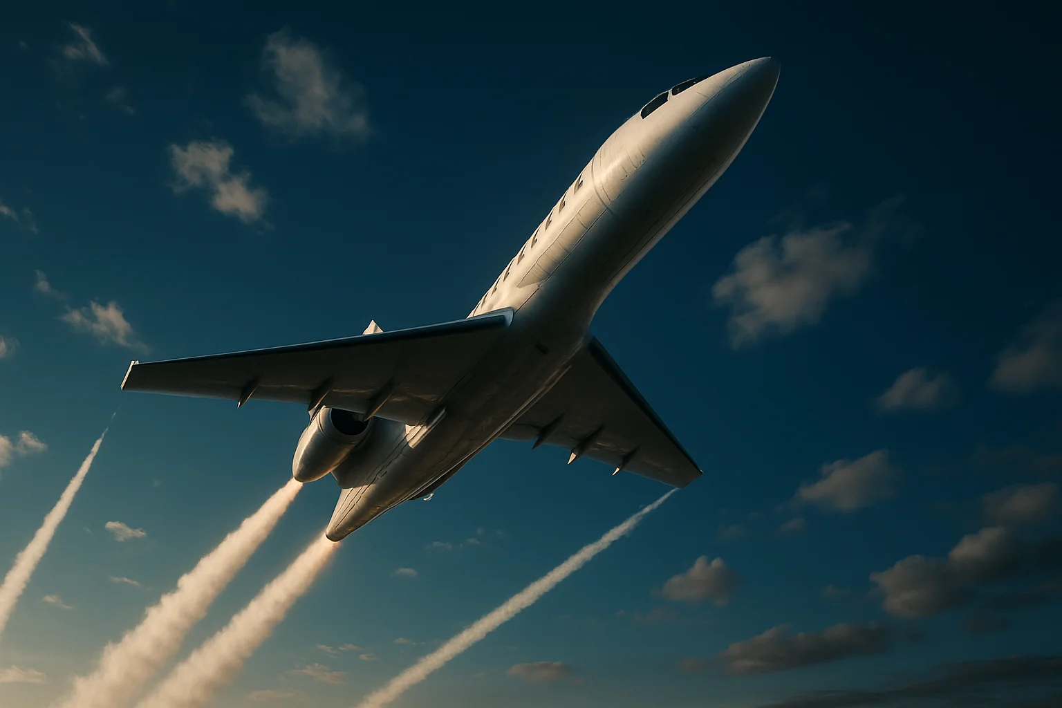 Sleek white jet aircraft climbing steeply in deep blue sky