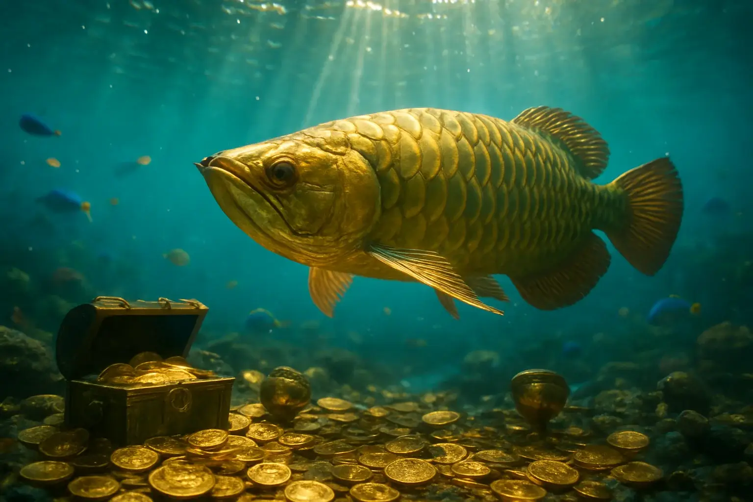 Hyperrealistic underwater golden dragon fish surrounded by coins and treasure