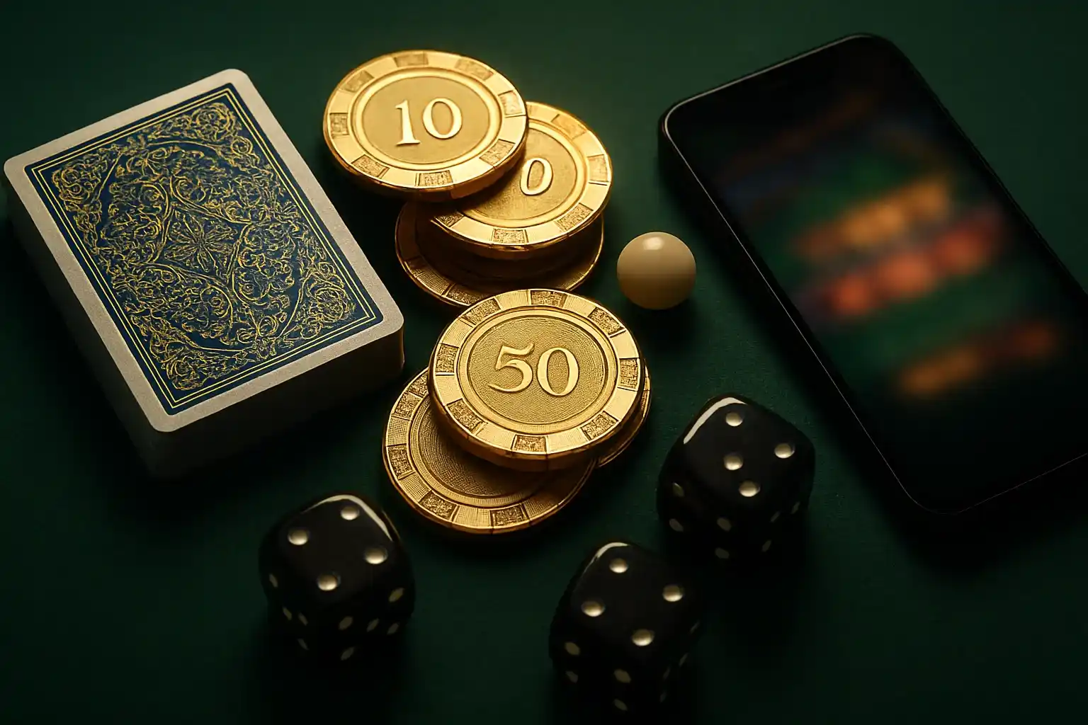 Top-down casino table with golden chips, cards, dice, roulette ball, smartphone