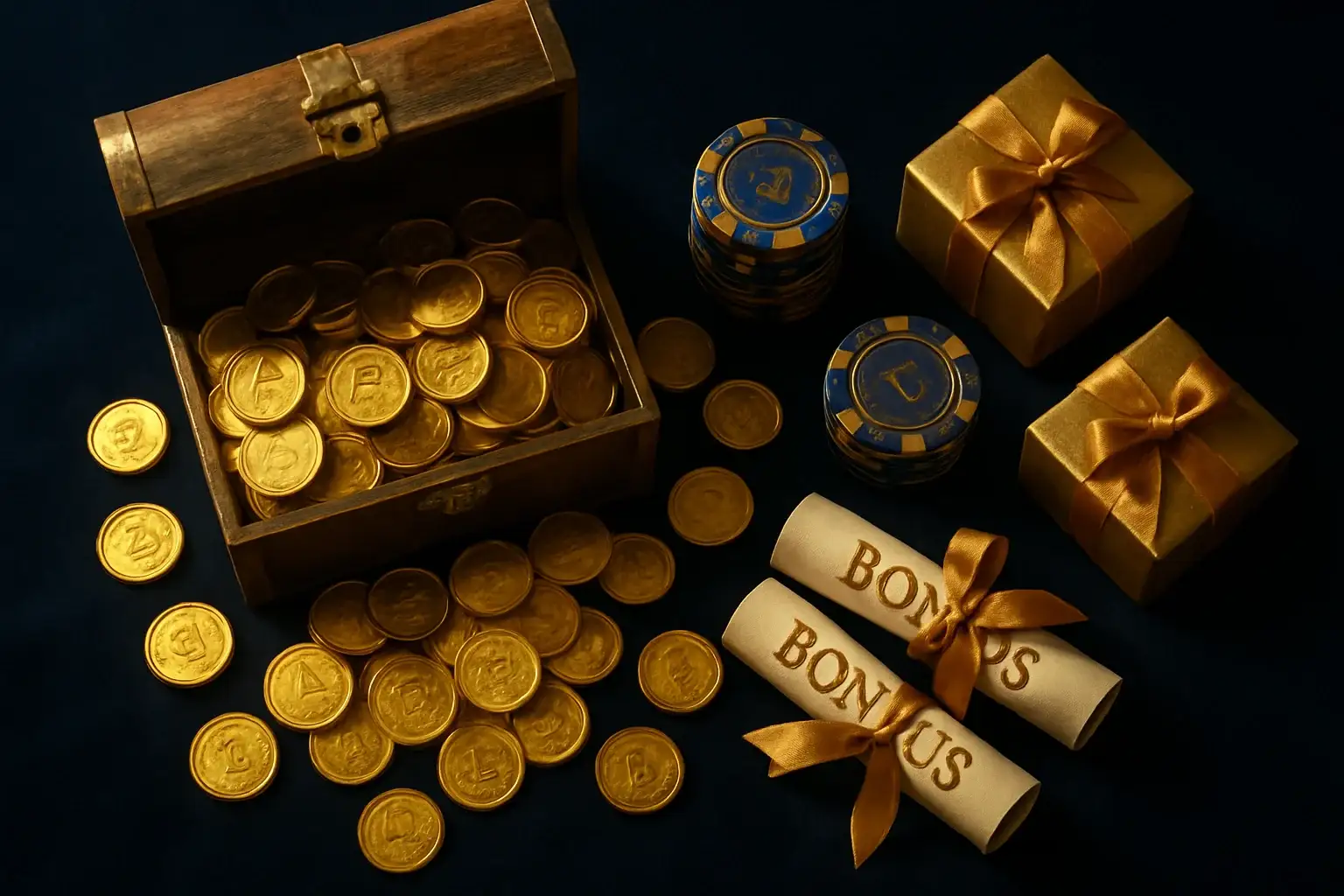 Overflowing treasure chest with gold coins, casino chips, vouchers, and gift boxes