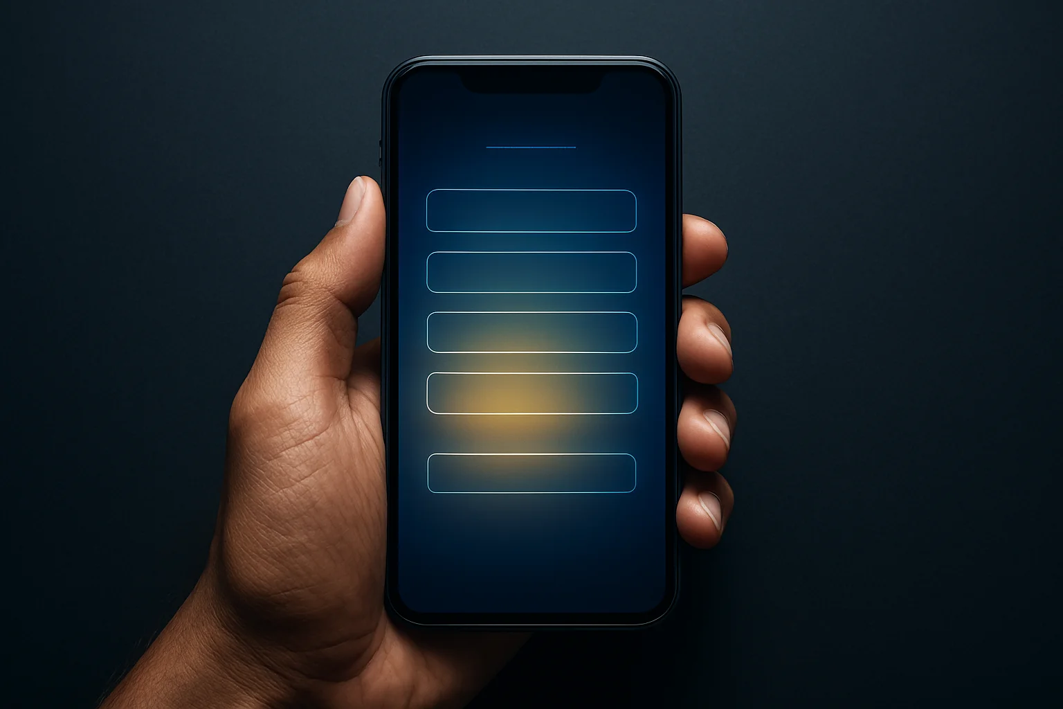 Filipino man hands holding smartphone with blurred registration screen, blue gold glow