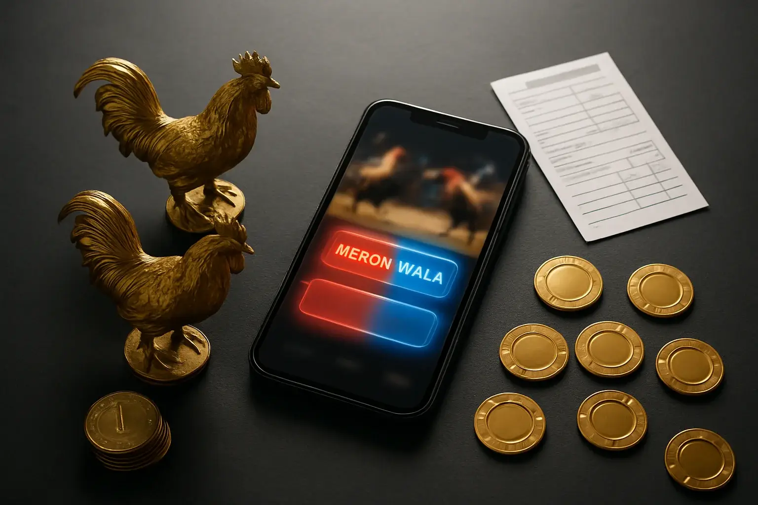 Smartphone sabong betting interface with golden roosters, peso coins, casino chips