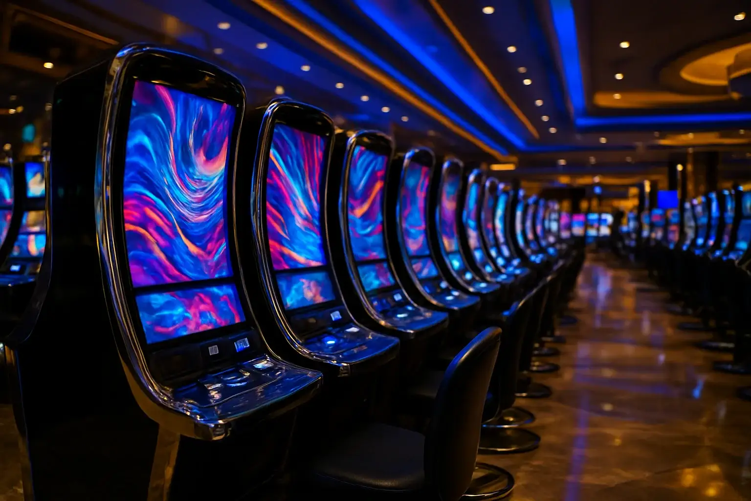 Hyperrealistic wide shot of Manila casino slots floor with blue gold lighting