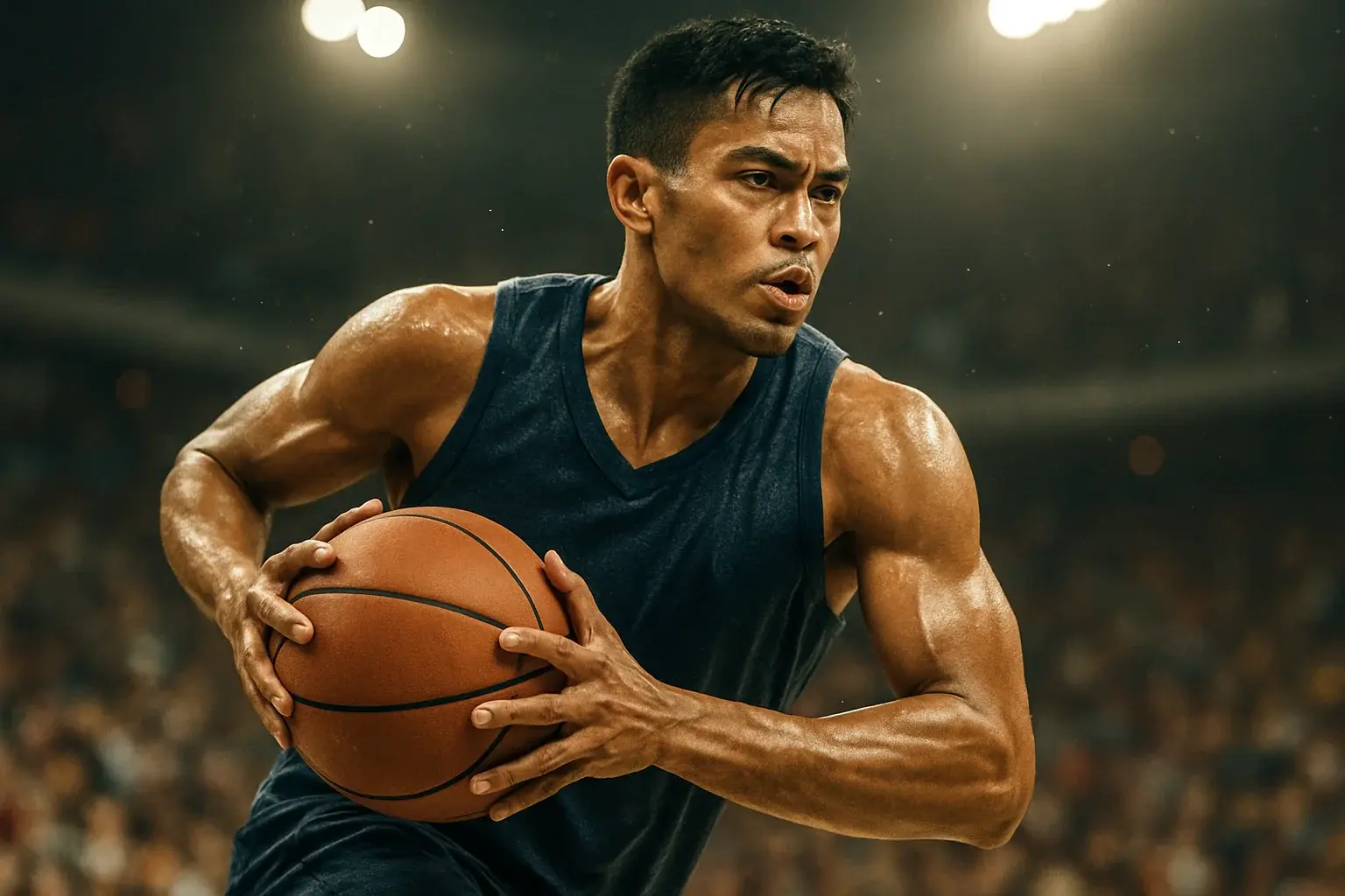 Filipino PBA basketball player mid-air drive, ball to chest, arena lights